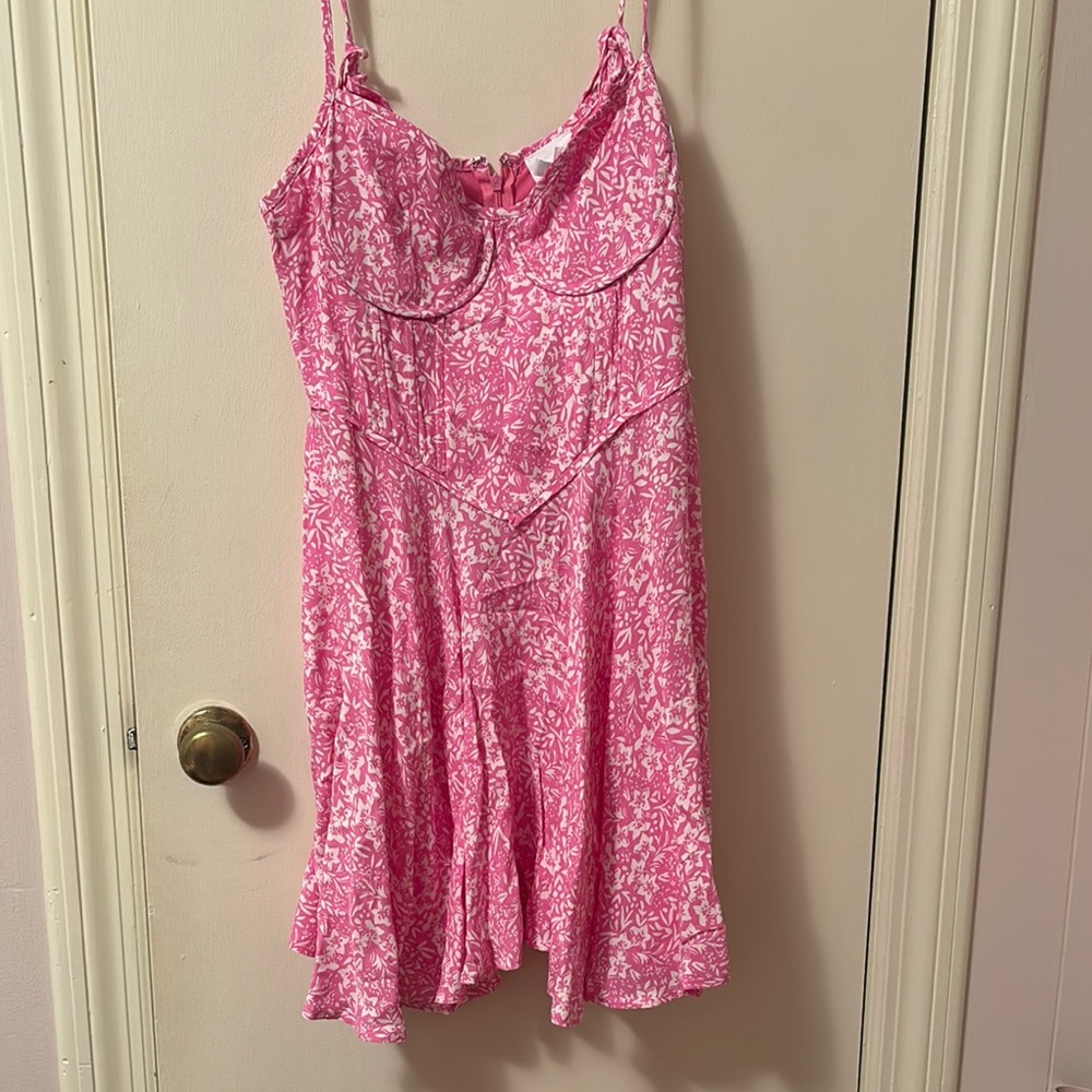 Pink and White Mini Dress with Floral Print and Spaghetti Straps